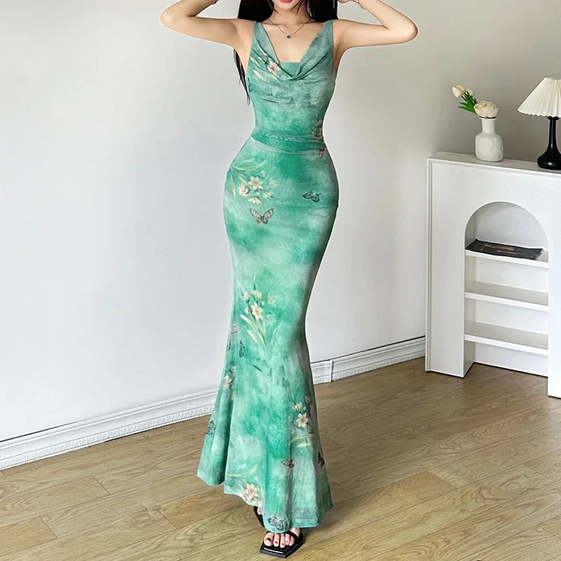 Лето 2023 новое свежее мятно-зеленое сетчатое платье с воротником-стойкой и