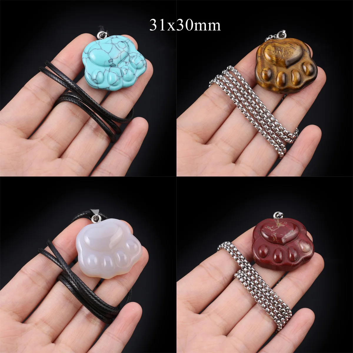 

Cartoon Cat Claw Natural Stone Opal Agate Gem Pendant Necklace Leather Rope Metal Chain Jewelry Accessories Gift