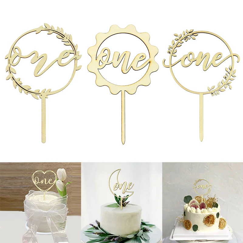 

3pcs New Wooden One Cake Topper 1st Anniversary Birthday Cupcake Card Wedding Baby Shower Party Dessert Decoration Baking Supply