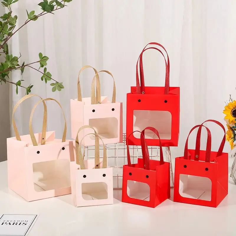 

10pcs Transparent Windows Gift Bags For Wedding Birthday Christmas Party Flower Souvenirs Gifts Packaging Bag Red Pink Handbag