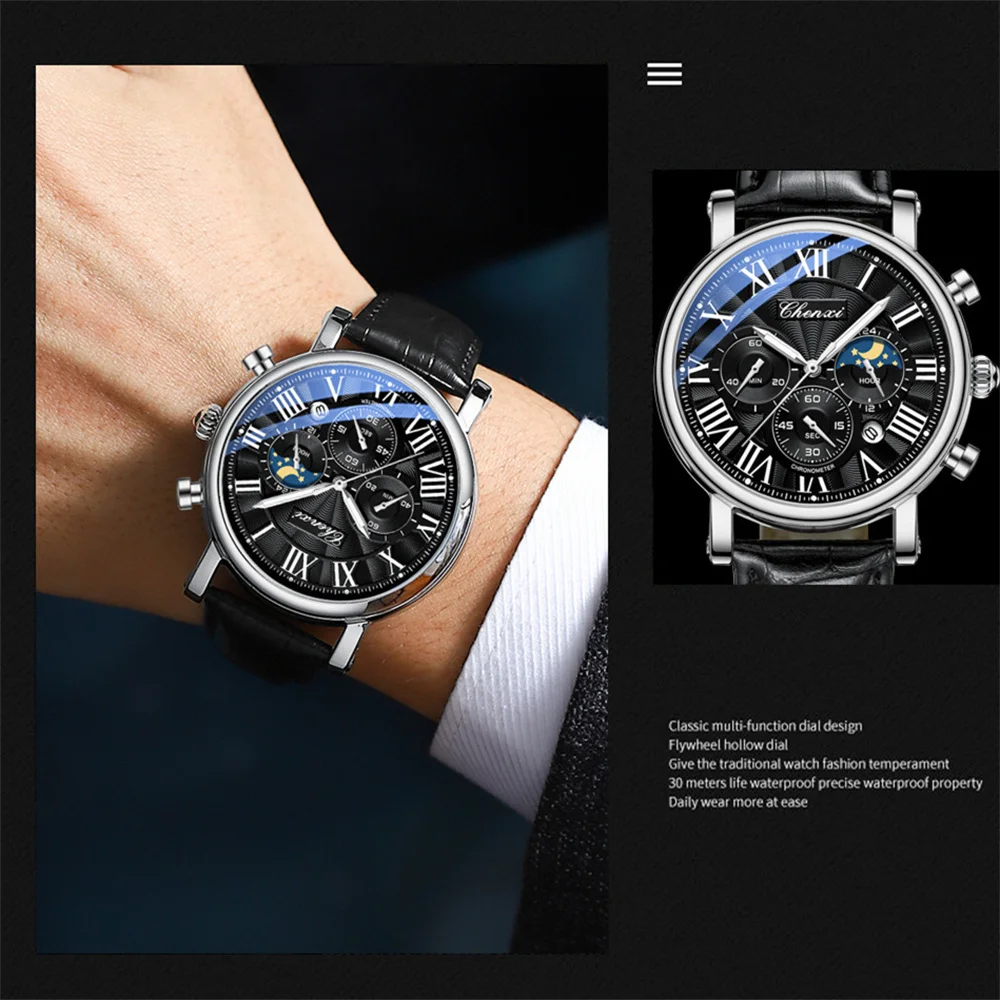 

QSCY New Watches Men Top Brand Luxury Leather Strap Date Quartz Clock Male Waterproof Chronograph Men Watch Business Fashion