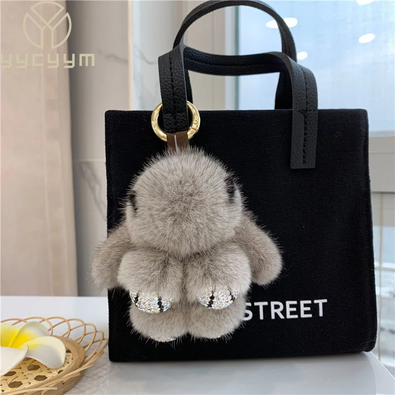 

Cute Long Ear Bunny Keychain Real Mink Fur Rabbit Doll Pendant Toys Keyring Handbag Charm Ornament Pompom Plush Jewelry Gifts