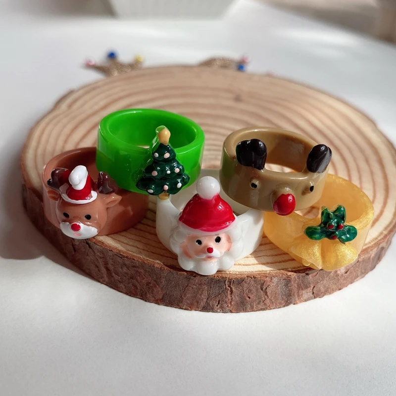 

Christmas Cartoon Acrylic Ring Women Animal Cute Santa Claus Elk Snowman Tree Delicate New Year Party Jewelry Decorations Gift