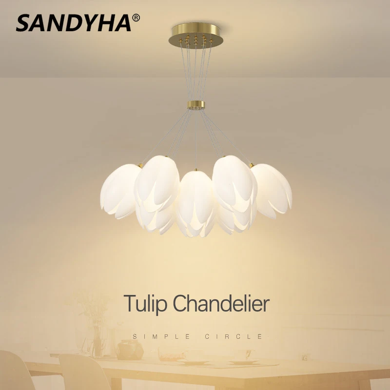 

SANDYHA Modern White Tulip Led Chandeliers Lustre Salon Hanglamp for Bedroom Living Dining Room Pendant Light Lampara Lampadario