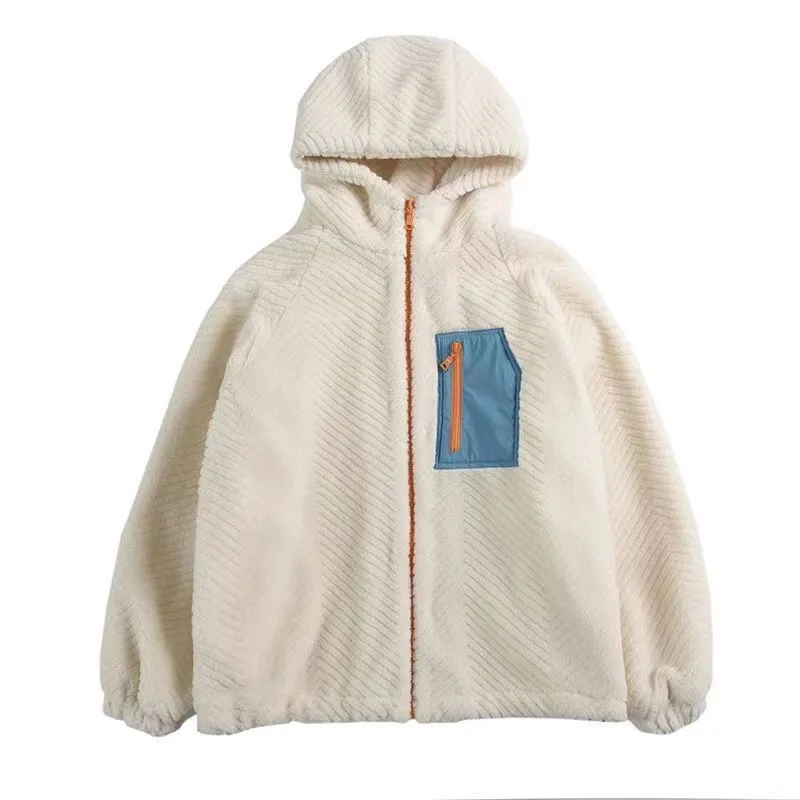 Lamb Wool Fur Jacket Hooded Plush Grain Fashion Streetwear Vintage Zipper Patchwork Jacket Hooded Thick Coat Korean Style Ins