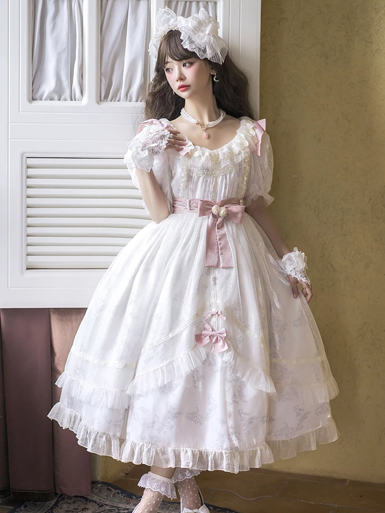 

Summer New Lolita Dresses Rose Cute Soft Girl Sweet Suspender Bow Elegant Retro Short Sleeve Dress Fashion Long Dress Women