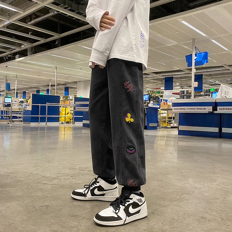 Fashion Men's Jeans Hong Kong Style Loose Handsome Embroidered Wide Leg Pants Ins Casual Trousers Spring and Autumn Man Bottoms