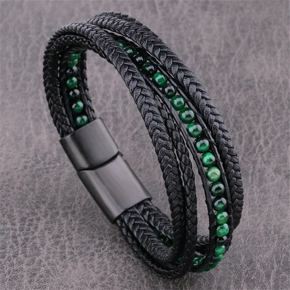 

New Leather Charm Magnetic Black Men Bracelet Bead Genuine Braided Punk Rock Bangles Woven Leather Rope for Christmas Gift