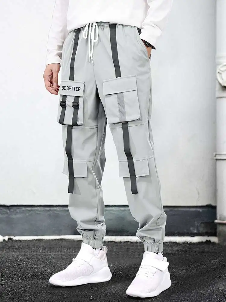 

ZAFUL Cargo Pants for Men Letter Printed Streetwear Tooling Trouser with Straps Flap Pocket Elastic Mid-waist Beam Feet Pant