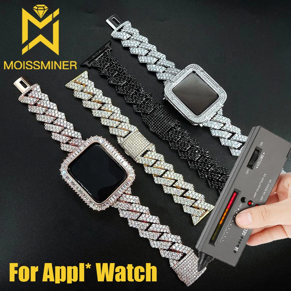 Moissanite Appl* Watch Strap and Cover Set 38mm 40mm 44mm Full S925 Silver Diamond Can Pass Diamond Tester Wrist Hand Chain GRA
