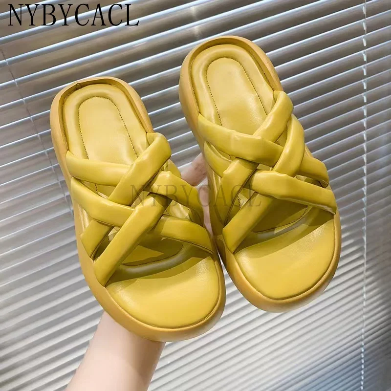 Women Real Leather Slippers Platform Solid Color Casual Outdoor Summer Sandals Fashion Ladies Footwear Size 35-40 Beach Slipper