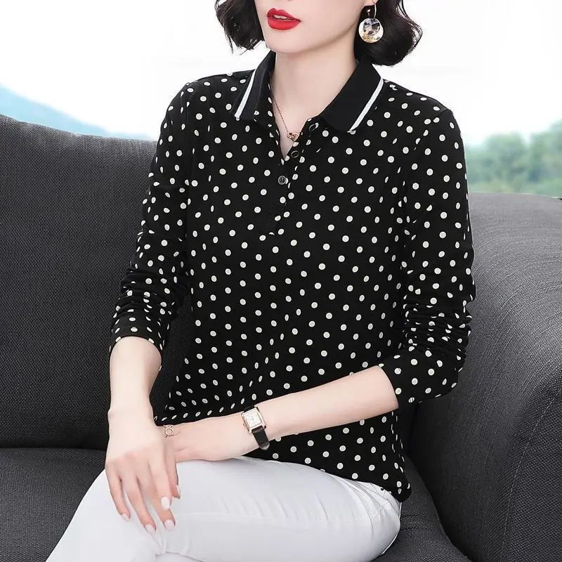 

Pure cotton spring and autumn clothes female T-shirt long-sleeved solid color wave point small shirt lapel large size t shirt