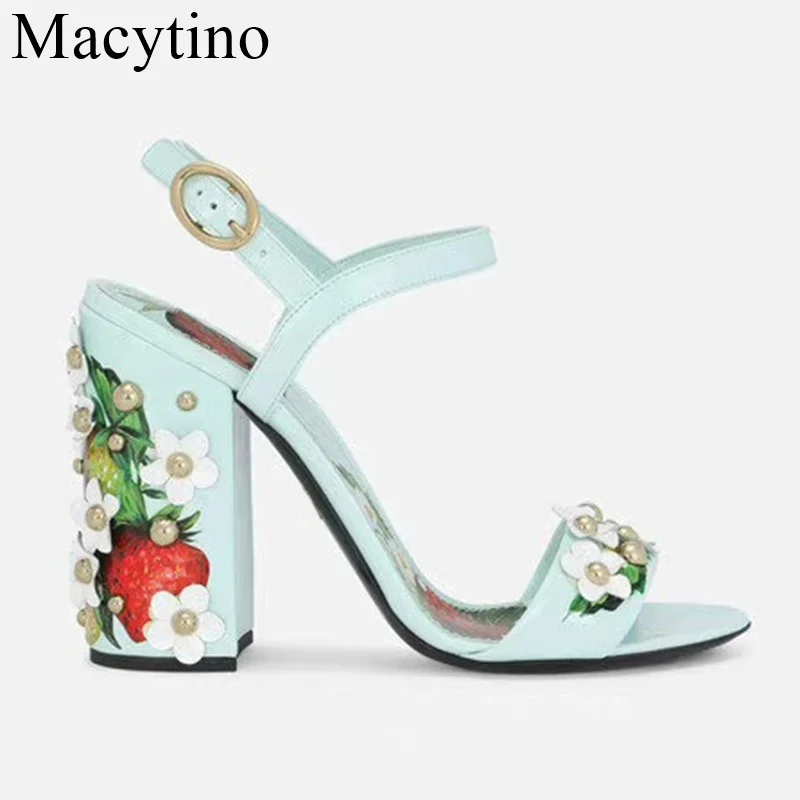 10CM High-heeled Sandals Women's 2022 Summer New Style Fashion Small Flower Decoration Buckle Strawberry Pictures  Shoes