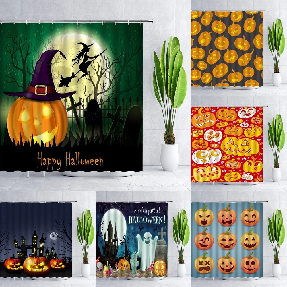 

Halloween Shower Curtain Autumn Pumpkin Harvest Holiday Interesting Witch Horror Night Bat Bathroom Decoration Fabric Curtains