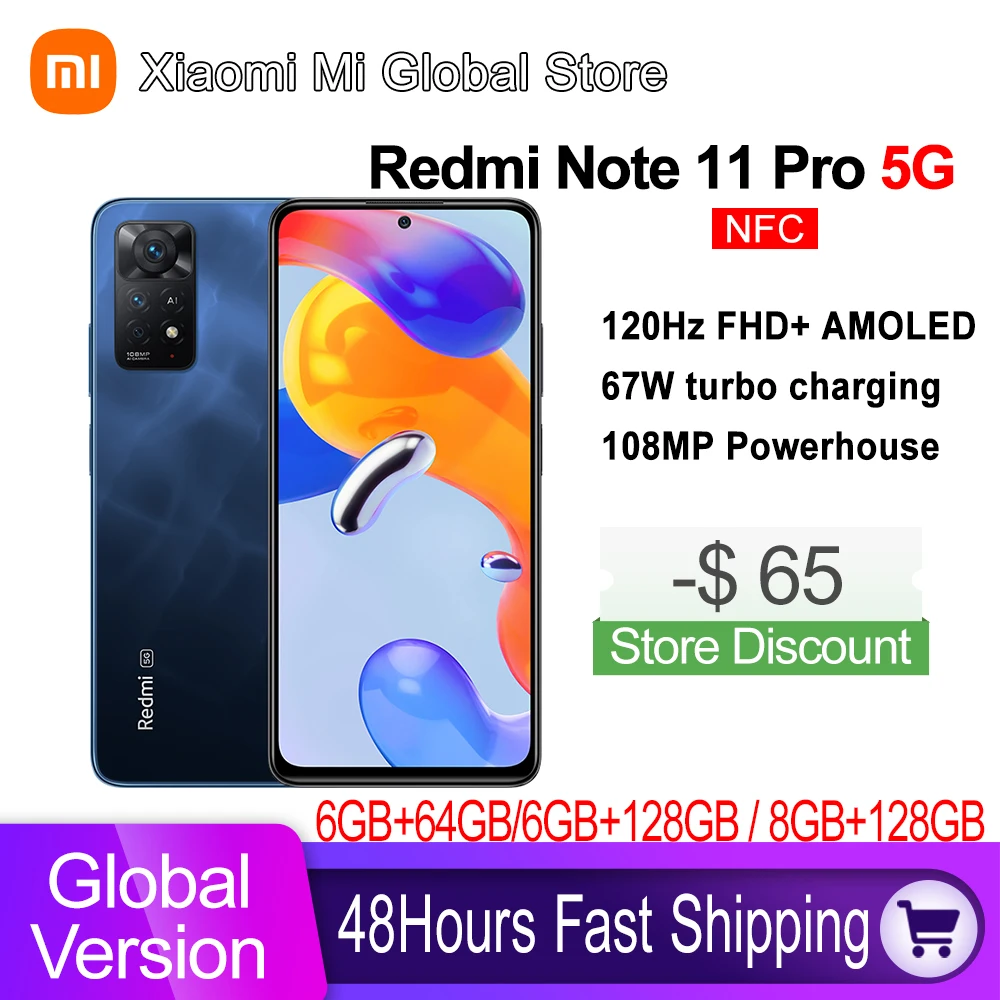 Global Version Xiaomi Redmi Note 11 Pro 5G 64GB/128GB Smartphone Octa Core Snapdragon 695108MP Camera 67W Turbo Charging 5000mAh