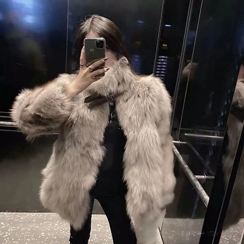 

Faux Fur Coat Women's Winter Jacket Faux Fox Fur Coat Loose Warm Thicken Locomotive Jackets Female Artificial Plush Outwear E679