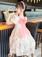 summer floral printing girl dress elegant puffy bow knee length skirt wedding party princess dress puff sleeve ball gown dress