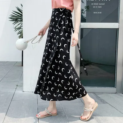 

Женская длинная юбка в стиле Харадзюку, черная шифоновая юбка в готическом стиле с завышенной талией и принтом Луны, уличная одежда на лето