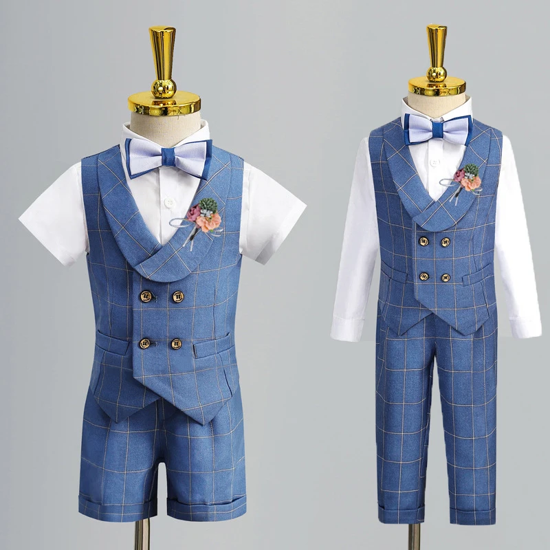 Child Formal Vest Suit Set Boy Summer Autumn Wedding Baby First Birthday Piano Performance Costume Kids Waistcoat Shorts Clothes