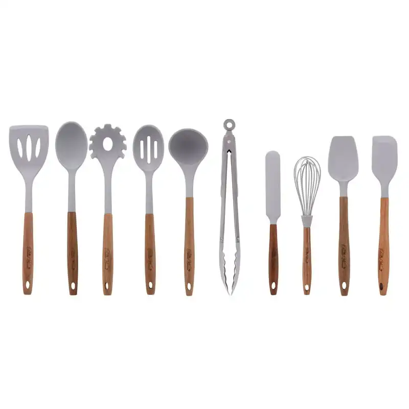 

Silicone Kitchen Utensils, 10 Piece Set, Gray, Acacia Wood Handle Professional Home Kitchenware Cookware