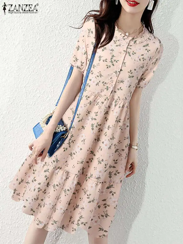 

Классическое платье ZANZEA с круглым вырезом, модное офисное платье-рубашка с коротким рукавом и цветочным принтом, женское элегантное платье ...