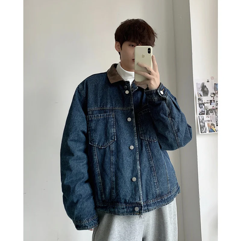 Winter Jacket Men Warm Fashion Blue Thicken Pocket Denim Jackets Mens Streetwear Korean Loose Thick Short Coat Mens Outwear