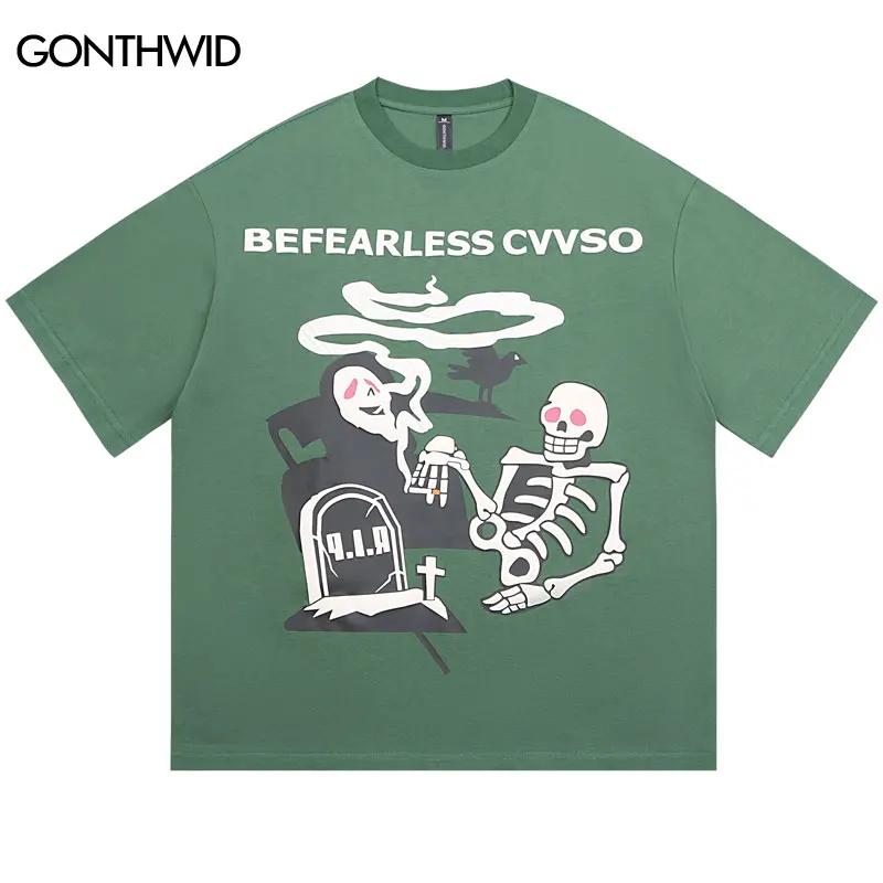 

Hip Hop Punk Tshirt Men Streetwear Skull Skeleton Graphic Print Gothic Oversized T Shirts 2023 Harajuku Fashion Casual Loose Top