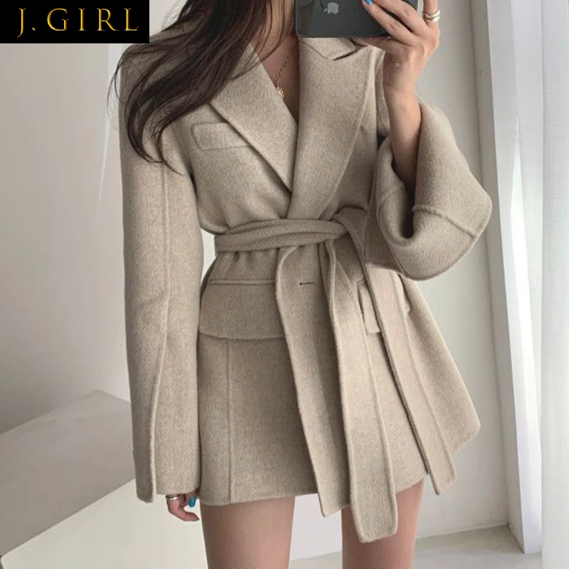 

J GIRLS Winter Female Woolen Coat French Retro Temperament Suit Collar One Buckle Tie Waist Slit Long-Sleeved Warm Jacket