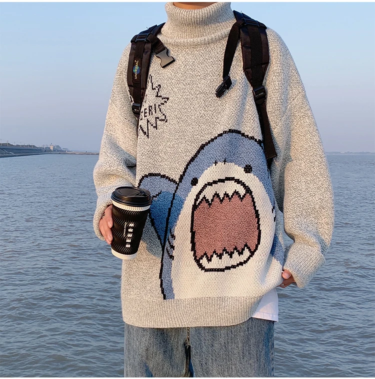 

Men Turtlenecks Shark print Knitted Sweater 2022 Winter Patchwor Harajuku pullover knitwear Oversized Grey Turtleneck male