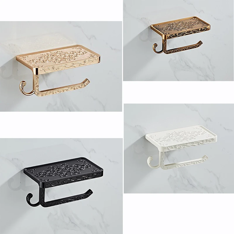 

Bathroom Hardware Set White Paper Mobile Phone Holder Space Aluminum Antique Roll Holder With Shelf Toilet Paper Box Wall Mount