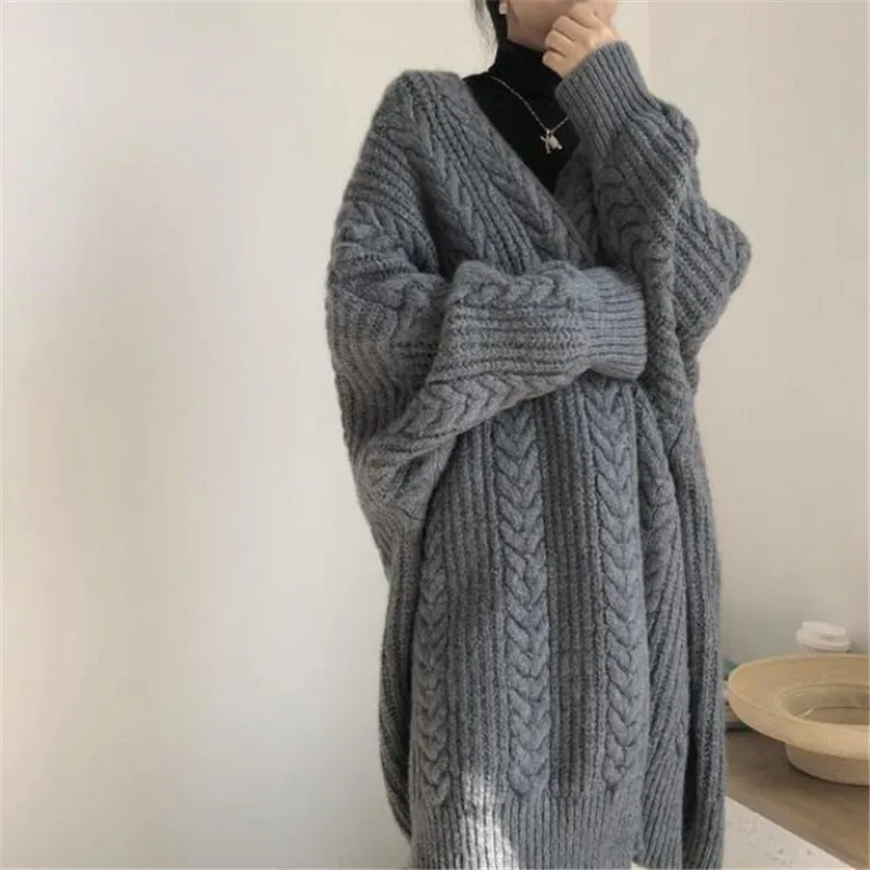 

2022 Autumn New Mid-length Knitted Female Cardigan Long-sleeved Twist Sweater Coat Women