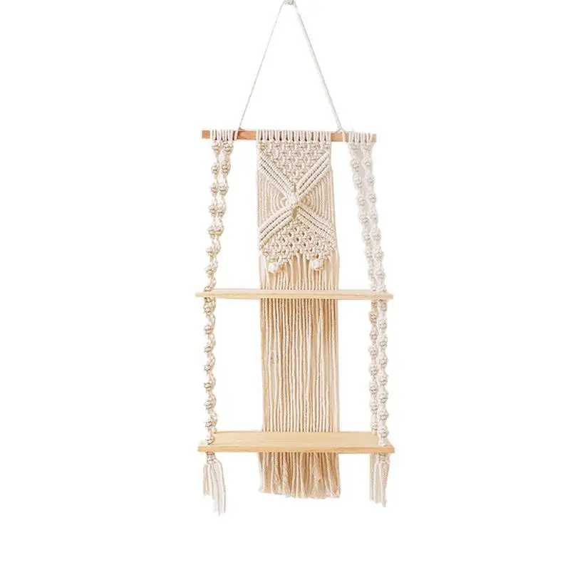 

Macrame Wall Floating Shelf 2 Tier Large White Hand Woven Tassel Tapestry Rack Hangings Shelf Plant Holder Hanger Natural Cotton