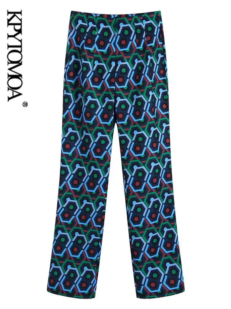 

KPYTOMOA Women Fashion With Geometric Print Flared Pants Vintage High Waist Zipper Fly Female Trousers Mujer