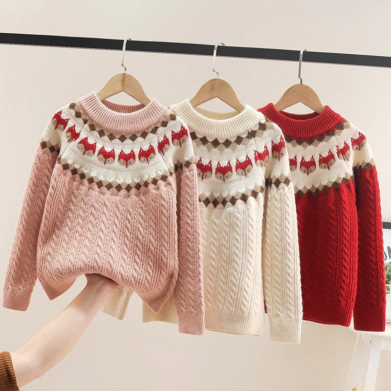 

2023 Girls Sweater restoring ancient ways coarse sweater cartoon fox head stretch with thick sweater