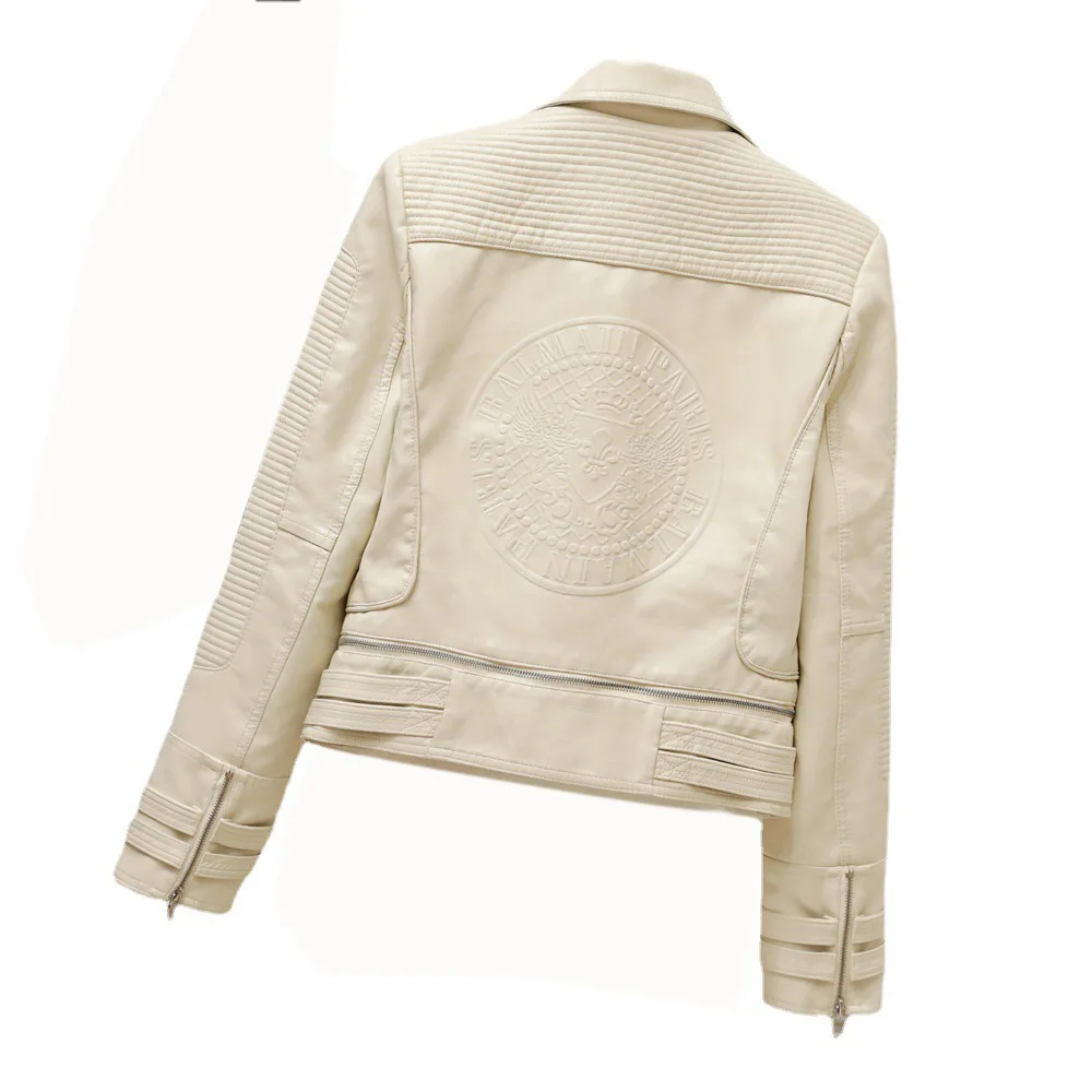 Hem removal back embossed suit collar short style leather coat autumn machine car leather jacket coat pleats