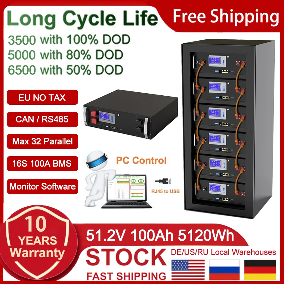 48V 100Ah 200Ah LiFePO4 Battery Pack 51.2V 5.12Kw 6000 Cycles 32 Parallel CAN RS485 BUS 108% Capacity Lithium Ion Battery NO TAX