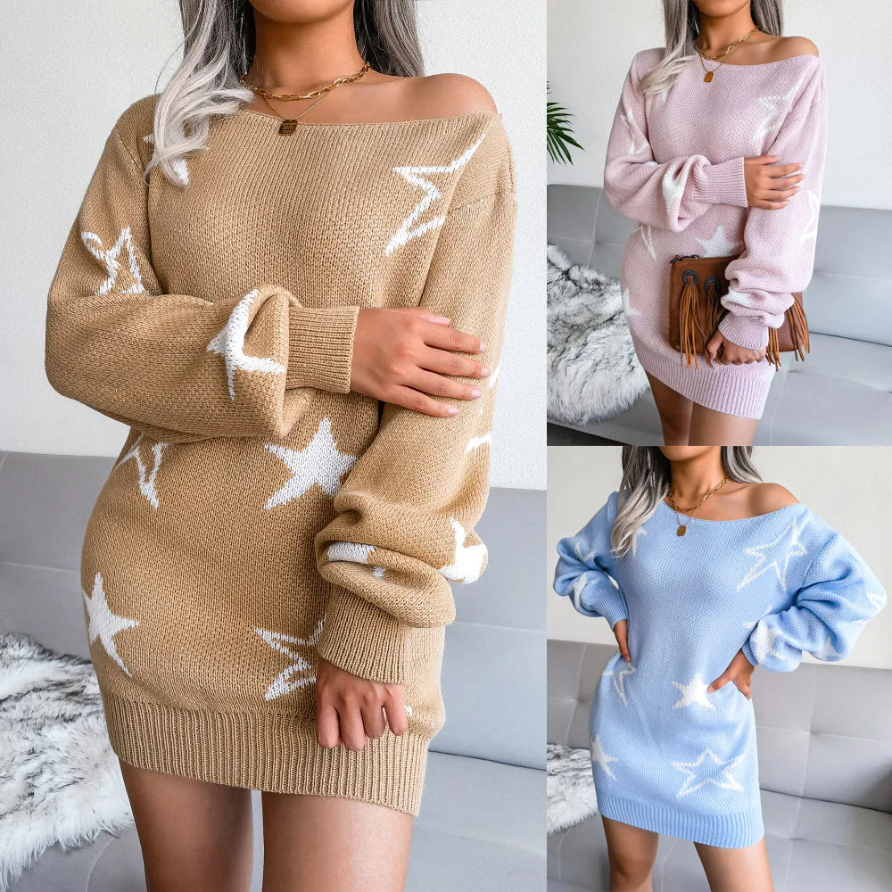 

Real Shot 2021 Autumn Winter Women Knitted Dress Casual Midi Sweater Dress Collarless Off Shoulder Elegant Dresses for Women