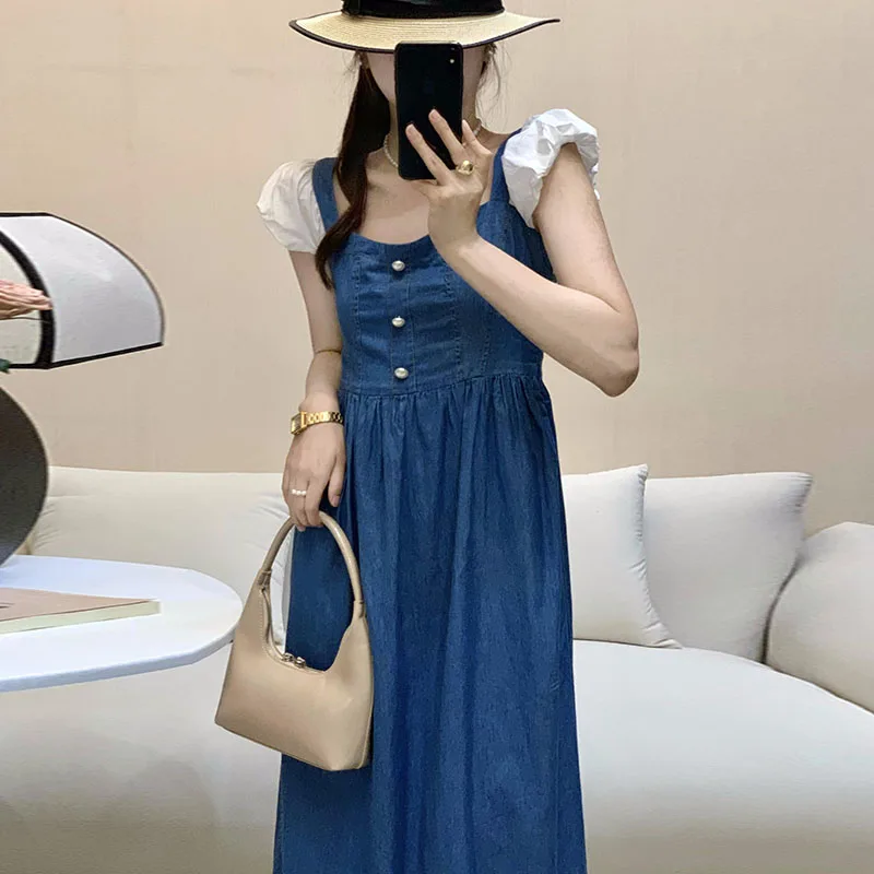 

Korean Chic Denim Patchwork Women Dress New Vintage Elegant Puff Sleeve Square Collar Dresses Japanese Sweet A-Line Vestidos