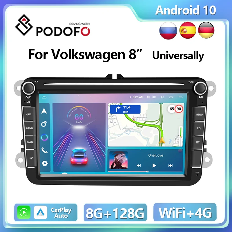 Автомагнитола Podofo, мультимедийный плеер на Android, с 4G, GPS, для Volkswagen, Skoda Seat, 8 дюймов, IPS