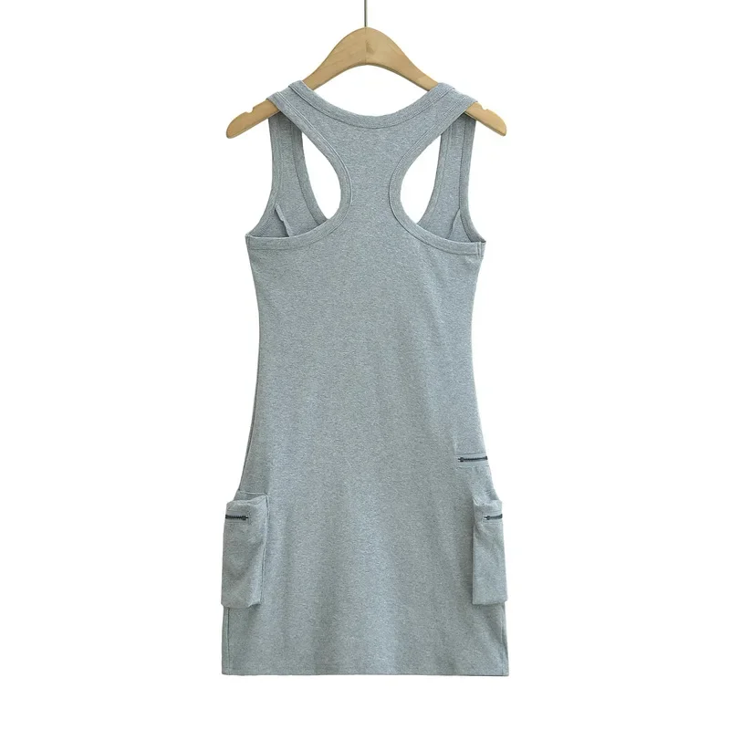 Sexy Pure Desire Vest Dress High Waist Bodycon Skirt Women's Fashion Pocket Design Solid Color Sleeveless Gown |