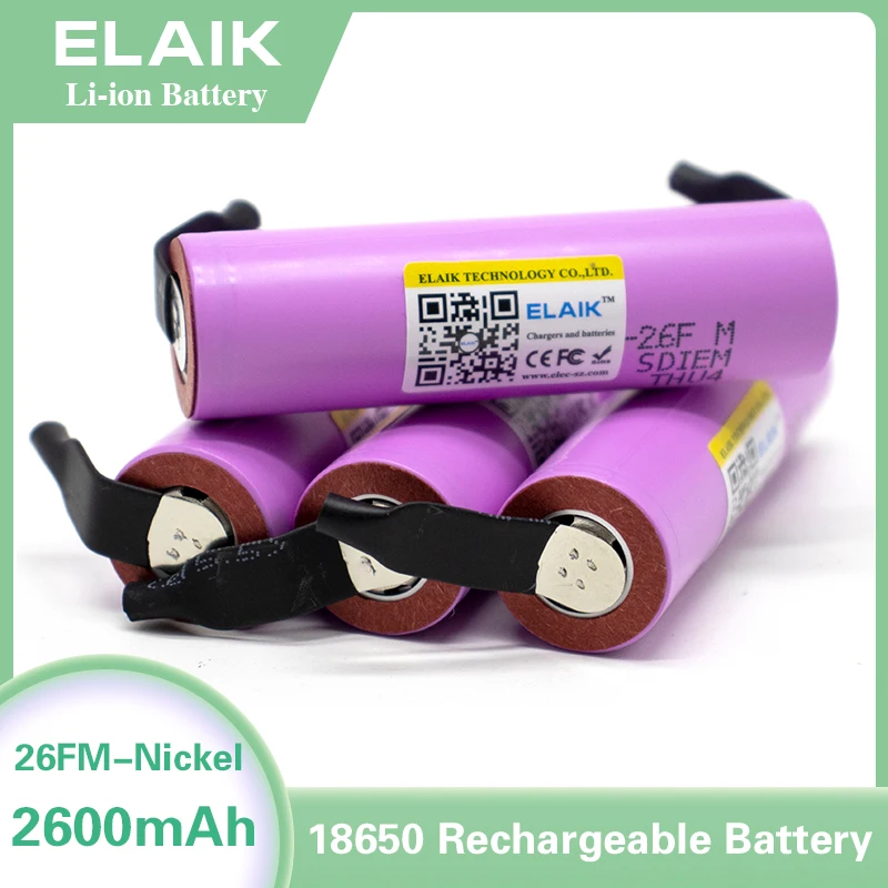 Аккумуляторная батарея ELAIK ICR1865026FM, 18650, 2600 мАч, 3,6 В, с никелевым покрытием