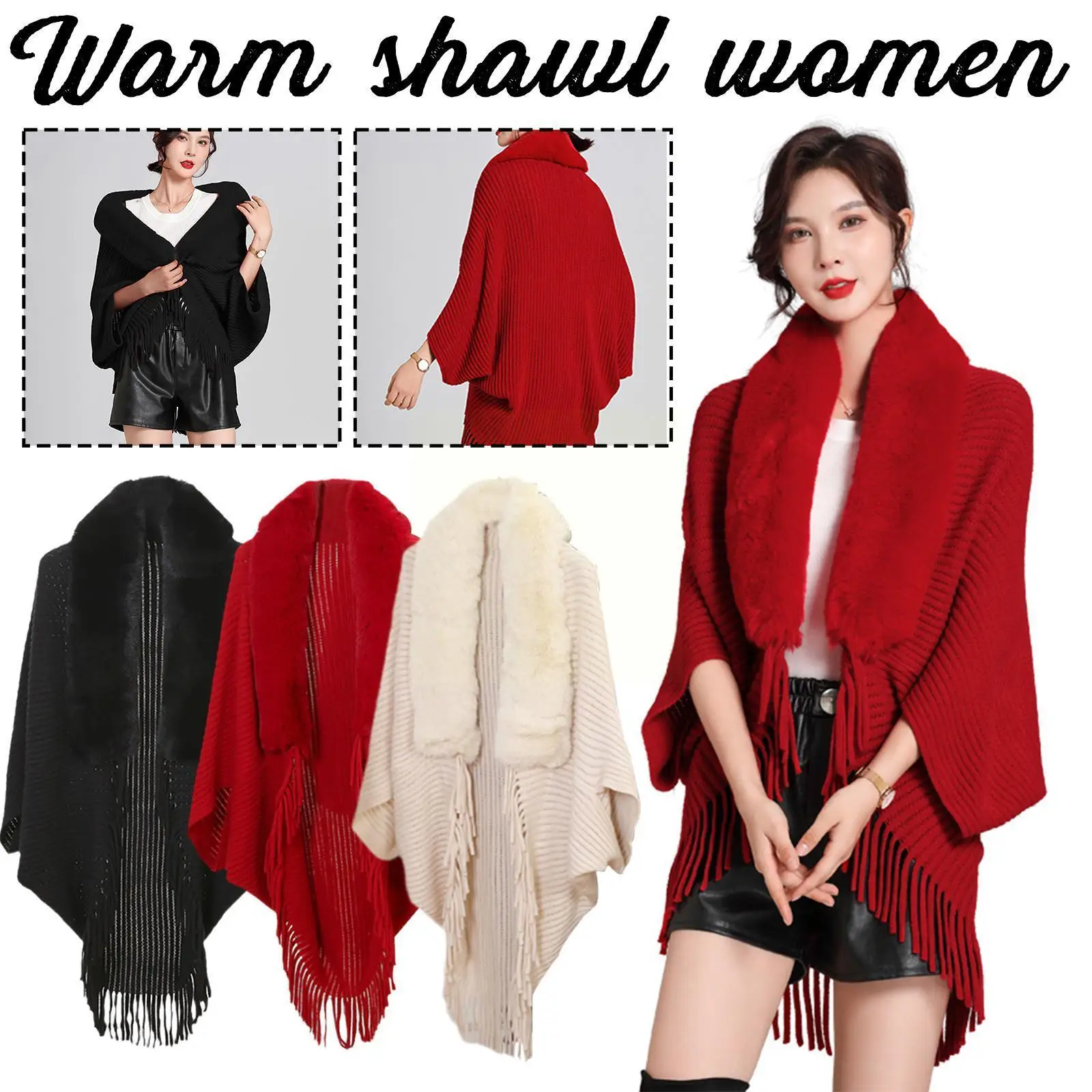 

Large Faux Fur Collar Winter Shawls Knitted Fringe Fashion Cloak Elegant Long Cardigan Ponchos Wrap Batwing Sleeve Women Sw P1D0