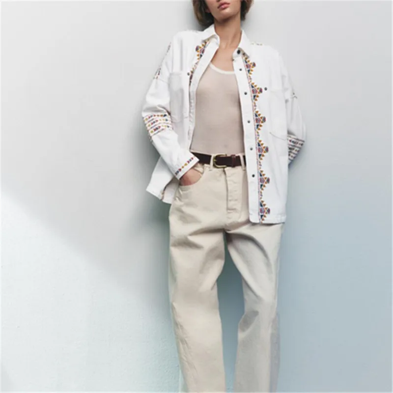 

PB&ZAspring new women's temperament retro single-breasted lapel long-sleeved asymmetric hem embroidered shirt jacket