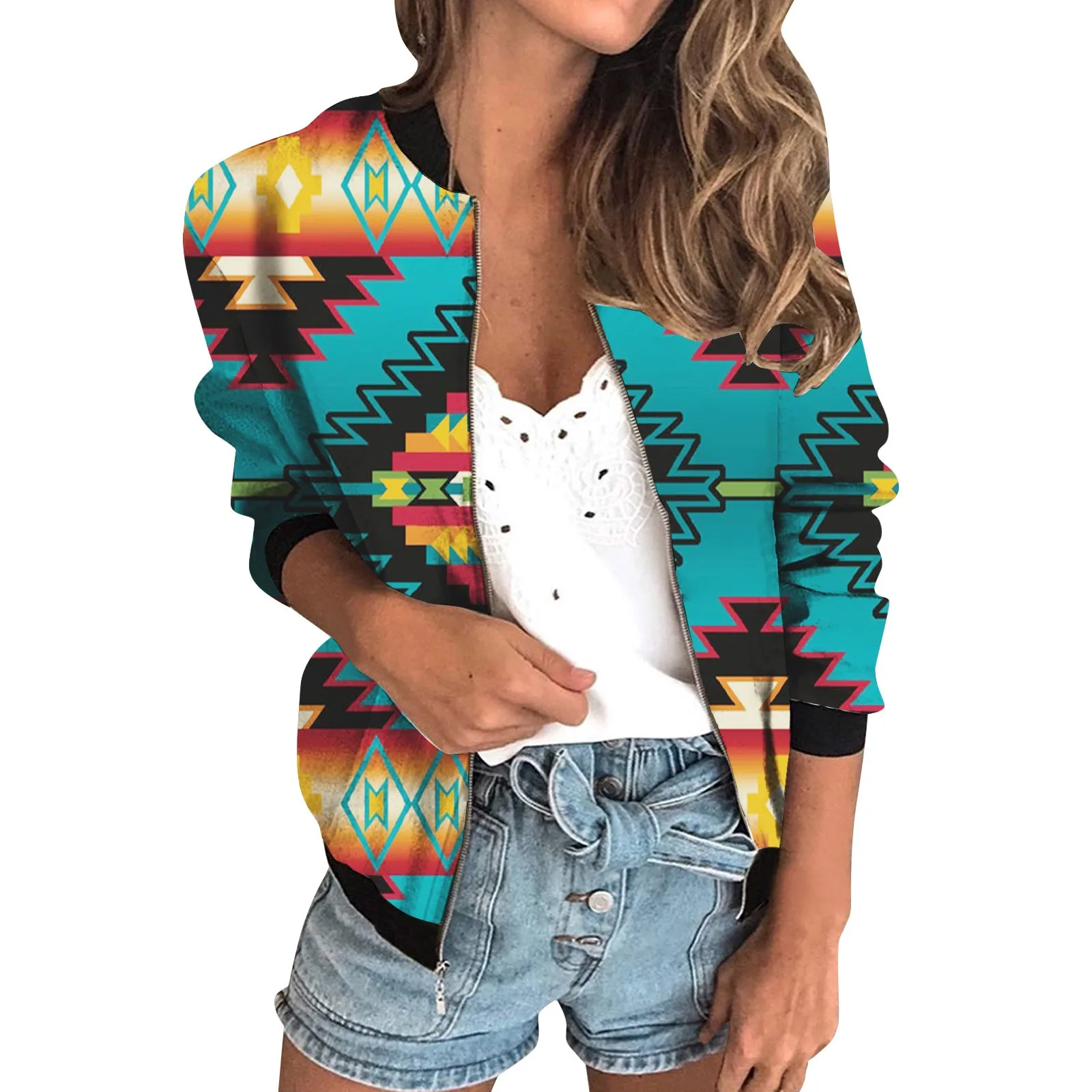 

Women's Jacket Lightweight Zipper Casual Jacket Geometric Printed Coat Casual Pocket O Neck Long Sleeve Outwear Spring Autumn 4