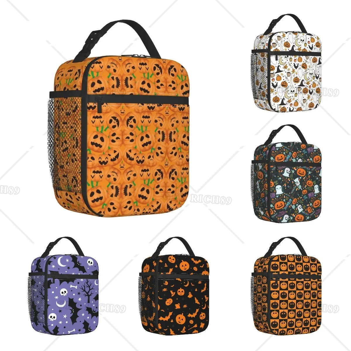 

Custom Halloween Pattern Happy Pumpkin Lunch Bag for Men Women Kids High Qulity Cooler Warm Insulated Lunch Box for School