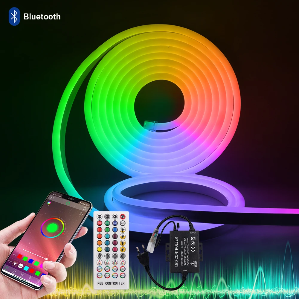 

110V 220V RGB Neon Light Waterproof Bluetooth APP Control Home Garden Decor Flexible Ribbion Rope LED Strip With Remote