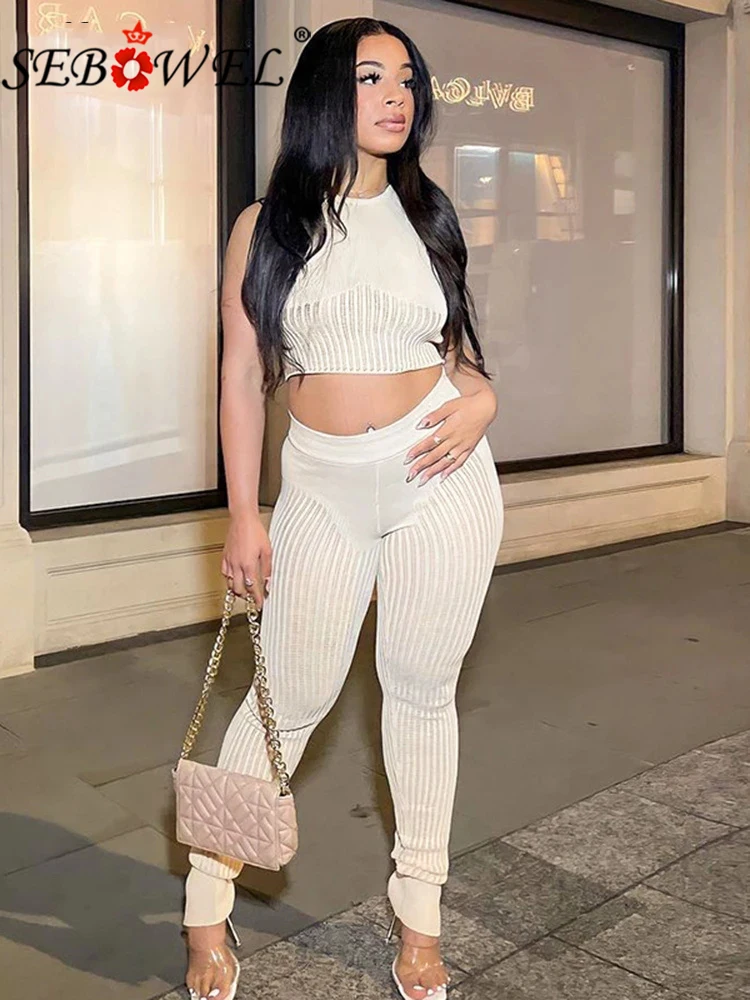 

SEBOWEL Sexy Sheath Slim High Waist Female Trousers + High Street Two Piece Set Women Scratching Shape Mesh Sleeveless Short Top