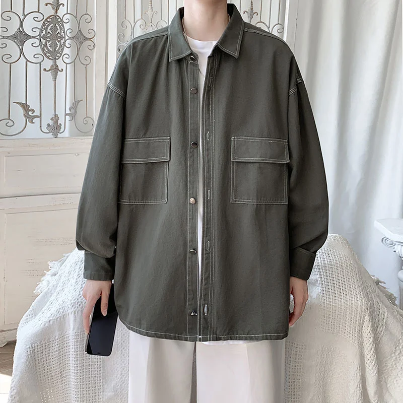 Autumn Cotton Long Sleeve Shirts Men Fashion 3 Colors Retro Pocket Tooling Shirts Mens Japanese Loose Casual Shirts Men M-3XL
