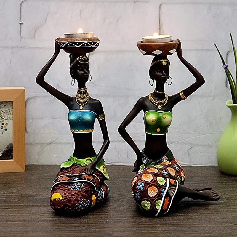 

Подсвечники для африканских женщин, 8,5 дюймов, декор для стола, искусственный подсвечник, скульптуры столовая с декоративной отделкой Vintage