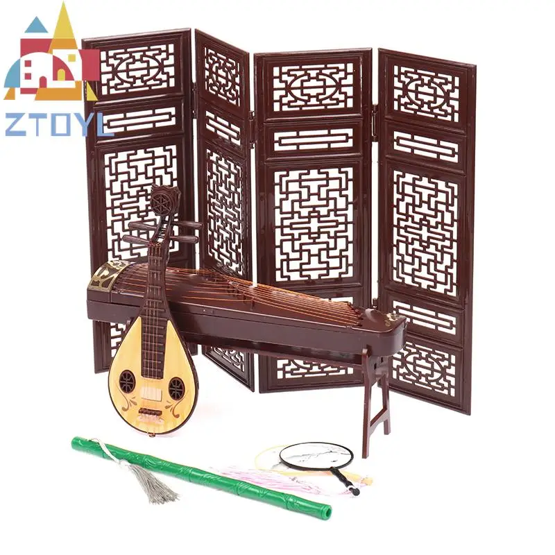 Classical Screen Fan Xiao Guzheng Musical Instrument Toys Antique Doll Accessories Chinese Style Ornaments Props